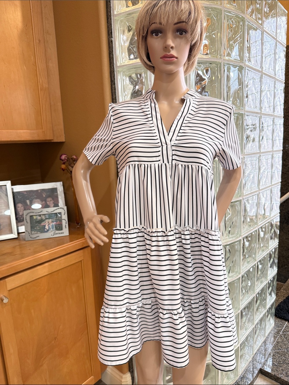 SHEIN White and Black Striped Short Sleeve Tiered Dress Sz. XS